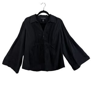 Dialogue Black 100% Silk Blouse Medium Flared Sleeve Pleated Ruched Whimsigoth